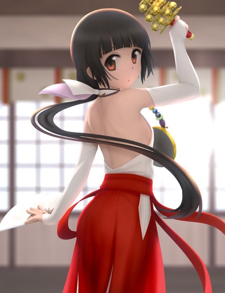 Anime picture 1000x1300 with kumamiko amayadori machi siraha single long hair tall image light erotic black hair red eyes traditional clothes japanese clothes looking back back miko girl bell jingle bell kagura suzu