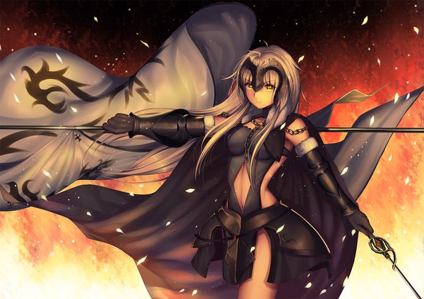 Anime picture 1414x1000 with fate (series) fate/grand order fate/apocrypha jeanne d'arc (fate) (all) jeanne d'arc alter (fate) jeanne d'arc alter (avenger) (third ascension) (fate) kr (sapphire) single long hair looking at viewer light erotic blonde hair holding yellow eyes ahoge fur trim frown girl gloves hair ornament