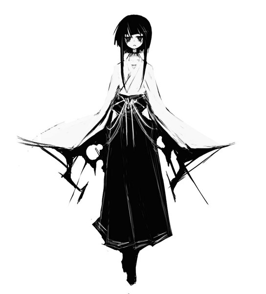 Anime picture 907x1000 with original kiku (kicdoc) single long hair tall image looking at viewer black hair simple background white background traditional clothes japanese clothes black eyes wide sleeves monochrome :< girl weapon kimono
