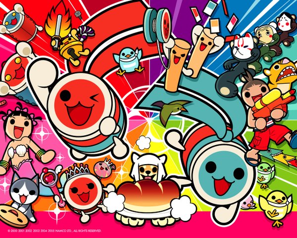 Anime picture 1280x1024 with taiko no tatsujin looking at viewer short hair open mouth black hair :d solid eyes girl boy bow hair bow animal food bracelet bird (birds) bell cat mask crown jingle bell