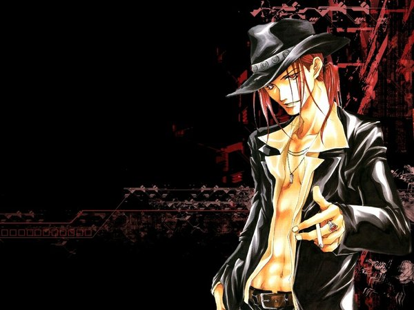 Anime picture 1024x768 with saiyuki sha gojyo single long hair simple background smile brown eyes red hair open clothes open jacket open shirt black background smoking boy hat shirt belt ring cigarette