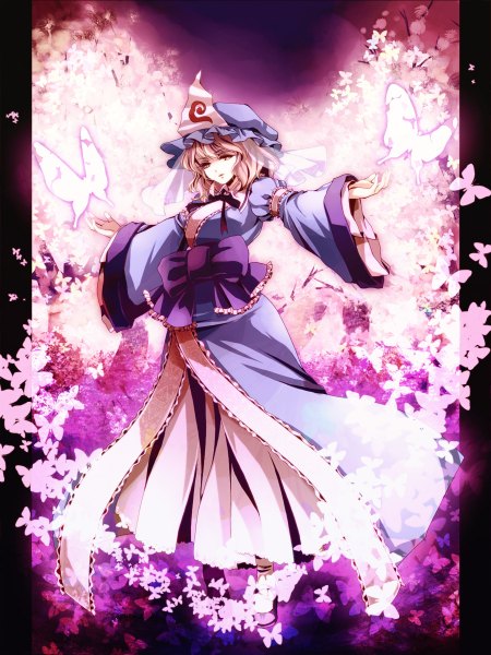 Anime picture 900x1200 with touhou saigyouji yuyuko awa toka single tall image short hair pink hair pink eyes cherry blossoms spread arms girl plant (plants) tree (trees) insect butterfly bonnet