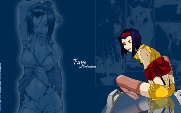 Anime picture 1280x800 with cowboy bebop sunrise (studio) faye valentine single short hair wide image sitting green eyes purple hair one eye closed wink inscription reflection girl bow hair bow pantyhose shorts pistol cigarette