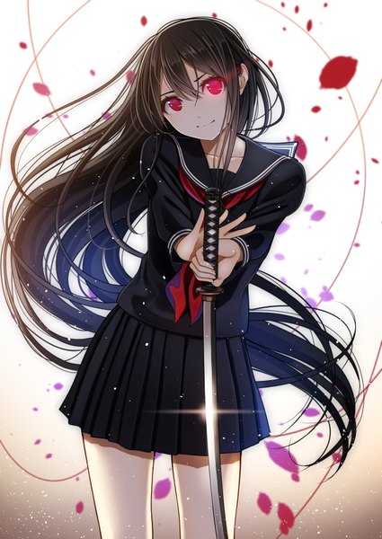 Anime picture 2508x3541 with original kentaurosu single long hair tall image looking at viewer fringe highres black hair hair between eyes red eyes standing white background holding head tilt pleated skirt light smile depth of field gradient background floating hair