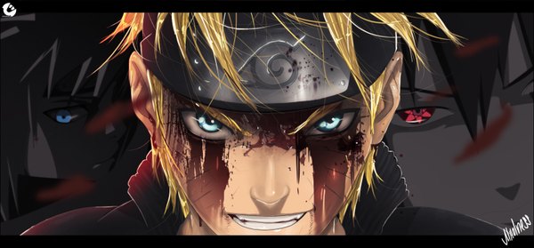 Anime picture 1468x684 with naruto studio pierrot naruto (series) uzumaki naruto uchiha sasuke namikaze minato madnesssss single short hair blue eyes black hair blonde hair smile red eyes wide image coloring facial mark close-up whisker markings jinchuriki