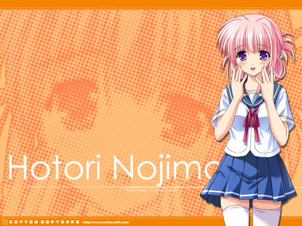 Anime picture 1600x1200 with natsumegu nojima hotori tsukasa yuuki single long hair looking at viewer blush purple eyes pink hair pleated skirt embarrassed zettai ryouiki character names orange background folded ponytail girl thighhighs skirt uniform miniskirt