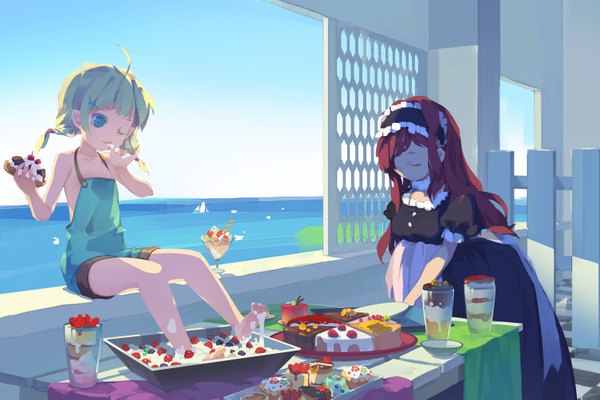 Anime picture 1509x1006 with original tako ashin long hair blue eyes twintails multiple girls red hair eyes closed one eye closed barefoot green hair wink maid loli girl 2 girls food hairband sweets sea