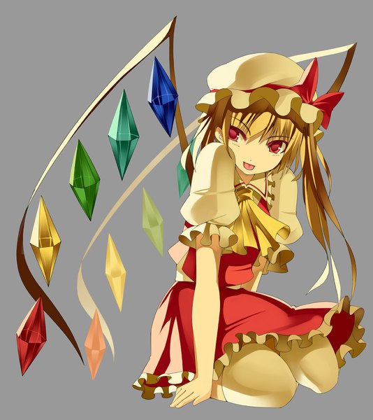 Anime picture 886x994 with touhou flandre scarlet kureha (ironika) single long hair tall image fringe blonde hair simple background red eyes sitting looking away grey background puffy sleeves one side up :p girl thighhighs white thighhighs wings