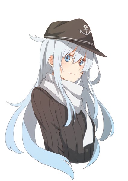 Anime picture 937x1325 with kantai collection hibiki destroyer tsukamoto minori single long hair tall image looking at viewer blue eyes simple background white background blue hair light smile portrait girl scarf flat cap anchor symbol