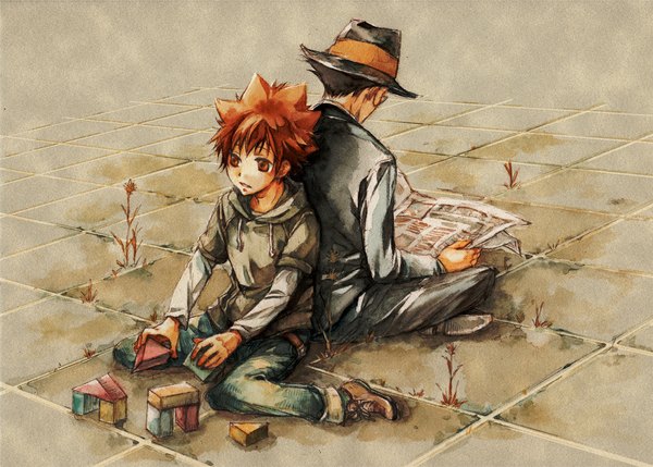 Anime picture 1117x800 with katekyou hitman reborn sawada tsunayoshi reborn short hair open mouth black hair brown hair sitting brown eyes back to back boy plant (plants) hat toy grass suit jeans tiles dice newspaper