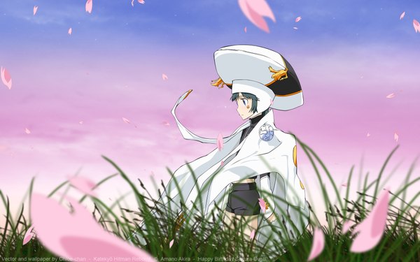 Anime picture 1920x1200 with katekyou hitman reborn uni (khr) highres wide image cherry blossoms plant (plants) hat shorts grass