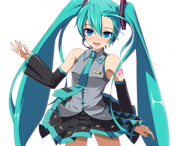 Anime picture 1500x1200 with vocaloid hatsune miku eto single blush open mouth blue eyes smile twintails bare shoulders very long hair aqua hair tattoo transparent background girl skirt detached sleeves