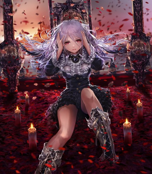 Anime picture 957x1100 with original jname single long hair tall image looking at viewer open mouth red eyes silver hair hands on head girl dress petals frills candle (candles)