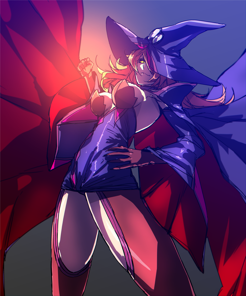 Anime picture 800x960 with blazblue konoe a mercury pizaya single long hair tall image fringe breasts light erotic simple background yellow eyes red hair hair over one eye hand on hip girl thighhighs dress hat detached sleeves cape
