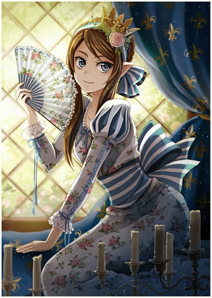 Anime picture 646x910 with original radittz single long hair tall image blue eyes brown hair sitting indoors pointy ears floral print striped girl flower (flowers) bow ribbon (ribbons) belt window rose (roses) headband