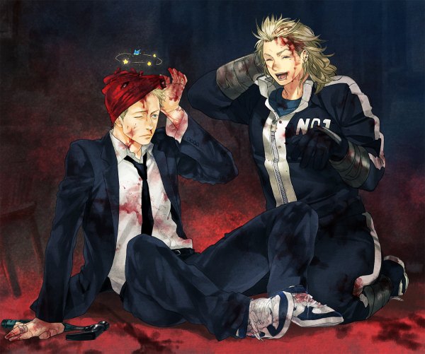 Anime picture 1200x1003 with dorohedoro mappa noi (dorohedoro) shin (dorohedoro) chama short hair open mouth blue eyes blonde hair eyes closed one eye closed wink couple piercing scar formal laughing girl boy gloves