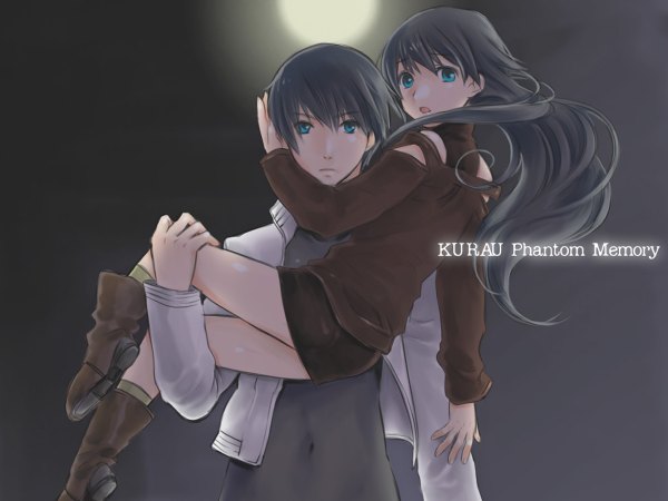 Anime picture 1200x900 with kurau phantom memory christmas (character) kurau long hair looking at viewer fringe short hair open mouth blue eyes black hair full body upper body wind grey background copyright name couple hug carrying princess carry scared