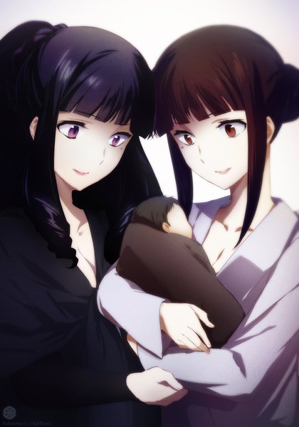 Anime picture 1120x1600 with mahouka koukou no rettousei shiba tatsuya yotsuba maya shiba miya hulfblood long hair tall image fringe short hair breasts black hair simple background smile brown hair white background purple eyes multiple girls holding brown eyes payot