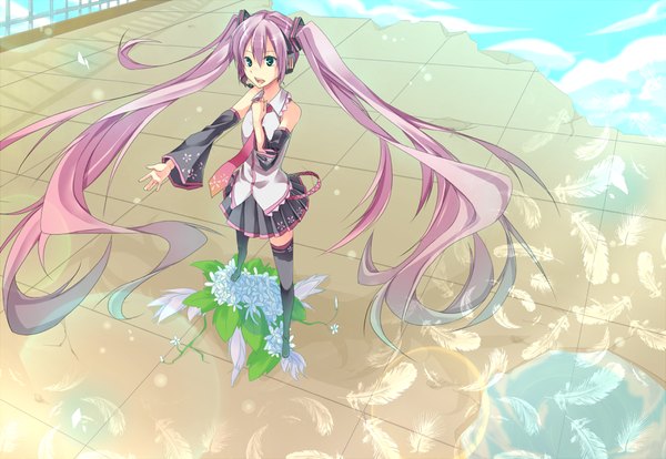 Anime picture 1100x759 with vocaloid hatsune miku sakino saku single long hair open mouth twintails green eyes pink hair outstretched arm girl thighhighs flower (flowers) detached sleeves