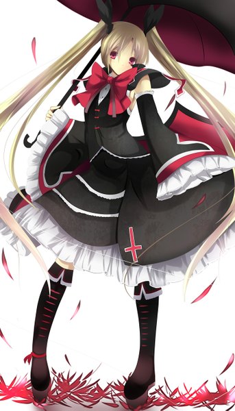 Anime picture 800x1397 with blazblue rachel alucard daiaru single long hair tall image looking at viewer simple background blonde hair red eyes white background twintails loli girl dress detached sleeves petals boots bowtie umbrella