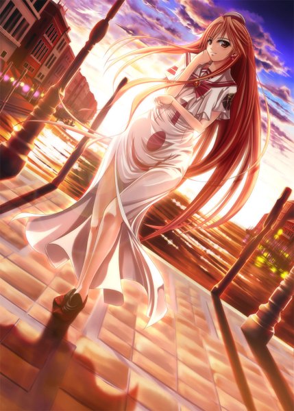 Anime picture 1036x1450 with aria akira e ferrari kuga (rinkane) single long hair tall image red eyes cloud (clouds) red hair shadow dutch angle evening sunset girl uniform venezia