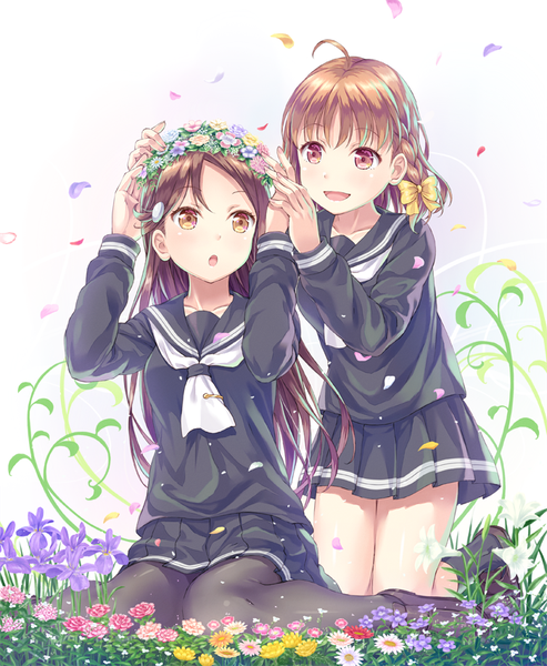 Anime picture 700x852 with love live! sunshine!! sunrise (studio) love live! sakurauchi riko takami chika uehara yukihiko long hair tall image fringe short hair open mouth smile red eyes brown hair sitting multiple girls brown eyes looking away ahoge wariza