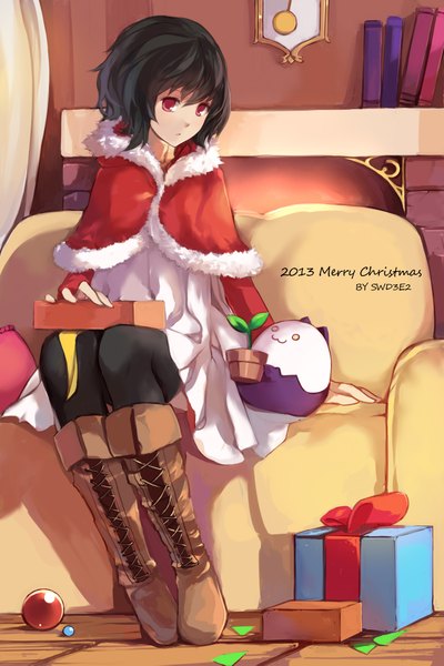 Anime picture 1417x2125 with original swd3e2 tall image looking at viewer short hair black hair red eyes sitting christmas merry christmas girl thighhighs dress black thighhighs boots couch gift garland