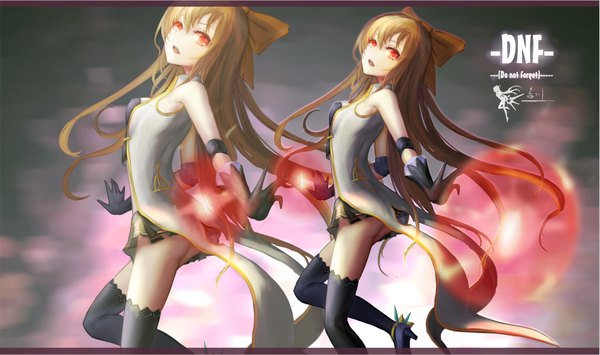 Anime picture 1681x996 with dungeon and fighter wangchuan de quanyan single long hair open mouth light erotic blonde hair red eyes wide image girl thighhighs dress gloves bow black thighhighs hair bow