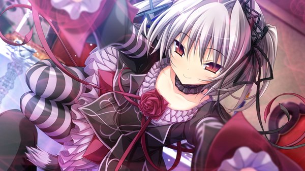 Anime picture 1280x720 with hapymaher purple software naitou maia koku single short hair smile red eyes wide image game cg silver hair loli girl thighhighs dress headdress striped thighhighs