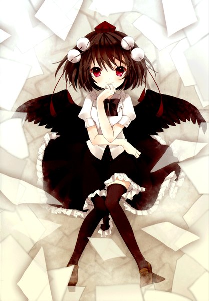 Anime picture 2436x3501 with touhou shameimaru aya shimakoma single tall image blush highres short hair smile red eyes brown hair girl thighhighs skirt bow hat wings