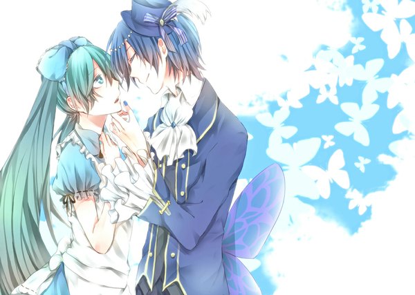 Anime picture 1100x783 with vocaloid alice in musicland (vocaloid) hatsune miku kaito (vocaloid) yuma (makkuponnde) long hair short hair blue hair nail polish aqua eyes aqua hair couple girl dress boy bow hair bow hat