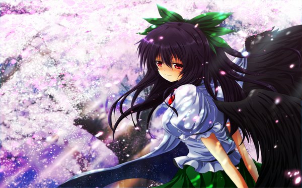 Anime picture 1920x1200 with touhou reiuji utsuho nekominase single long hair blush highres black hair red eyes wide image cherry blossoms starry sky print girl dress bow hair bow petals wings