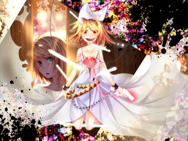 Anime picture 1200x900 with vocaloid kagamine rin tateshina ryouko short hair blonde hair red eyes tears crazy crazy eyes yandere girl dress hair ornament bow ribbon (ribbons) weapon hair bow hair ribbon sword heart