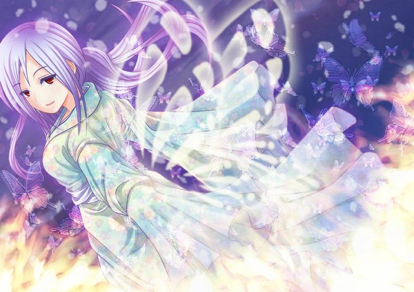 Anime picture 1000x708 with original ootake tomoko single long hair red eyes purple hair insect wings butterfly wings girl dress insect butterfly