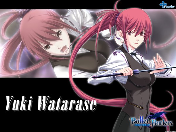 Anime picture 1600x1200 with bullet butlers watarase yuki long hair fringe breasts open mouth smile hair between eyes holding brown eyes payot upper body ponytail red hair inscription copyright name character names black background multiview fighting stance