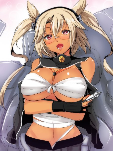 Anime picture 900x1200 with kantai collection musashi super battleship gin'ichi (akacia) single long hair tall image looking at viewer breasts open mouth light erotic blonde hair large breasts brown eyes two side up crossed arms girl skirt gloves navel hair ornament