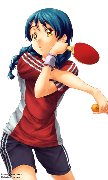 Anime picture 1250x2075 with shokugeki no soma j.c. staff tadokoro megumi lusara single long hair tall image looking at viewer fringe yellow eyes blue hair :o transparent background stretch girl uniform hair ornament hairclip gym uniform tennis racket