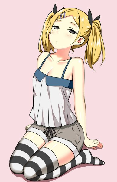 Anime picture 774x1200 with shirobako p.a. works yano erika sky-freedom single long hair tall image looking at viewer blush blonde hair simple background sitting twintails bare shoulders grey eyes no shoes kneeling pink background seiza girl