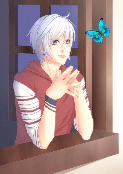 Anime picture 1013x1432 with original u-ji (artist) single tall image short hair smile brown eyes silver hair ahoge white hair light smile piercing boy window insect butterfly wristlet