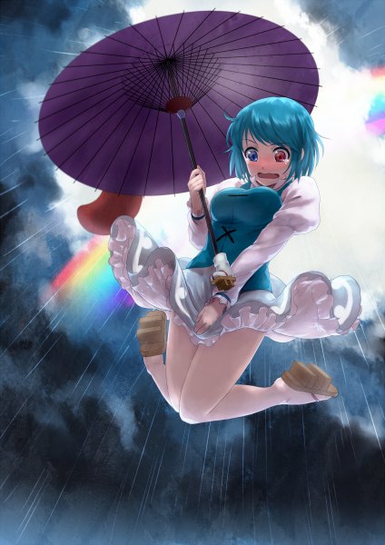 Anime picture 848x1200 with touhou tatara kogasa pennel single tall image fringe short hair open mouth blue eyes red eyes holding blue hair sky cloud (clouds) from below embarrassed heterochromia rain falling screaming
