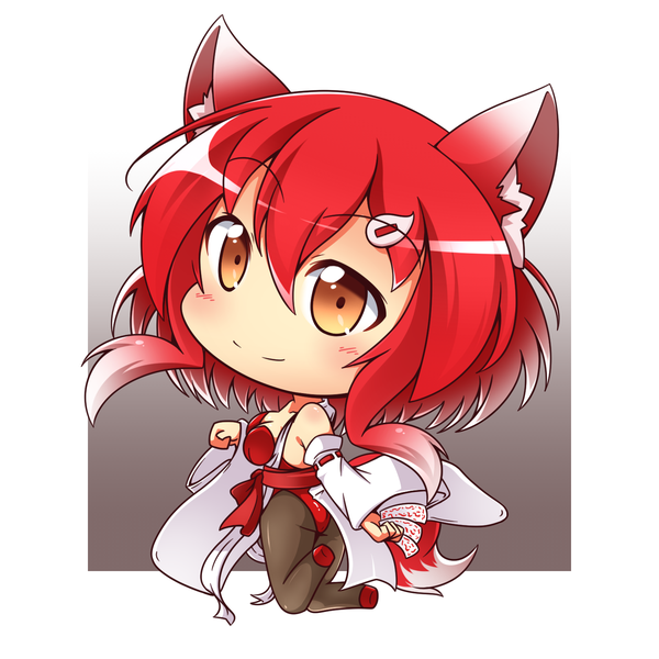 Anime picture 1500x1500 with original shachoo. single long hair blush fringe breasts light erotic simple background smile hair between eyes bare shoulders holding brown eyes animal ears payot ass red hair wide sleeves fox ears