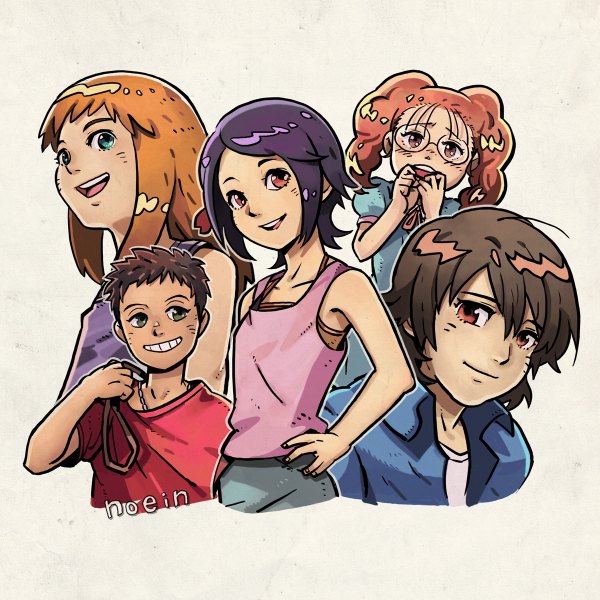 Anime picture 1200x1200 with noein satelight kaminogi haruka gotou yuu fujiwara isami hasebe ai mukai miho youchuu brown hair white background pink hair purple hair aqua eyes orange hair group glasses t-shirt child (children)