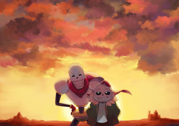Anime picture 1280x906 with undertale sans (undertale) papyrus (undertale) stephanie lee looking at viewer eyes closed sunlight open jacket multiple boys leaning leaning forward fur trim grin evening sunset ^ ^ hands in pockets skeleton boy gloves