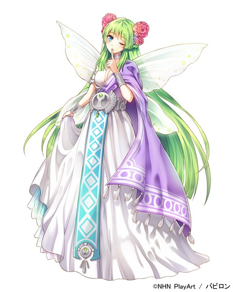 Anime picture 800x1000 with original milcho tall image looking at viewer blue eyes white background very long hair one eye closed hair flower green hair wink finger to mouth insect wings butterfly wings girl dress hair ornament flower (flowers) wings