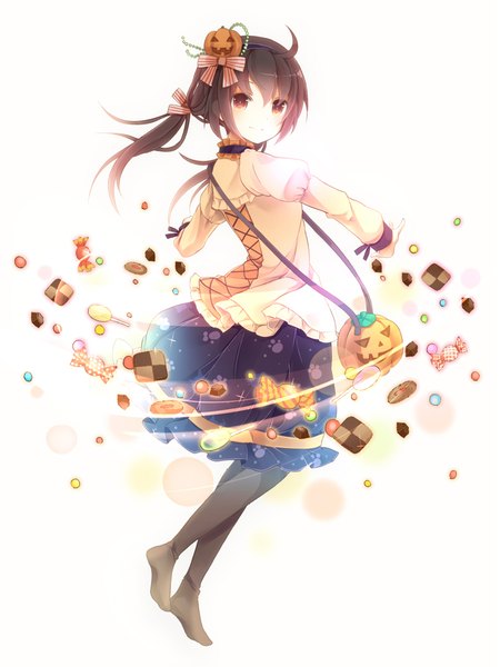 Anime picture 658x878 with original yonema single long hair tall image blush black hair simple background smile white background twintails brown eyes full body ahoge long sleeves no shoes low twintails turning head halloween checkerboard cookie