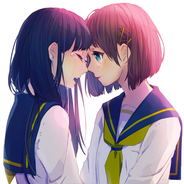 Anime picture 800x800 with original agirinpa long hair blush fringe short hair open mouth blue eyes black hair simple background brown hair white background multiple girls eyes closed profile tears face to face girl uniform hair ornament
