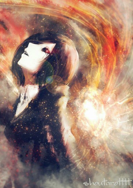 Anime picture 723x1024 with tokyo ghoul studio pierrot kirishima touka shoutarotttt single tall image looking at viewer short hair open mouth red eyes brown hair signed glowing glowing eye (eyes) open collar black sclera girl shirt white shirt monster