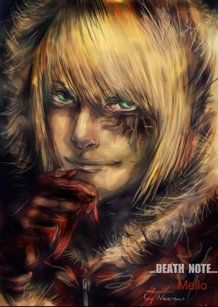 Anime picture 1922x2701 with death note madhouse mello (mihael keehl) dziu09 single tall image highres short hair blonde hair green eyes signed inscription scar boy gloves jacket