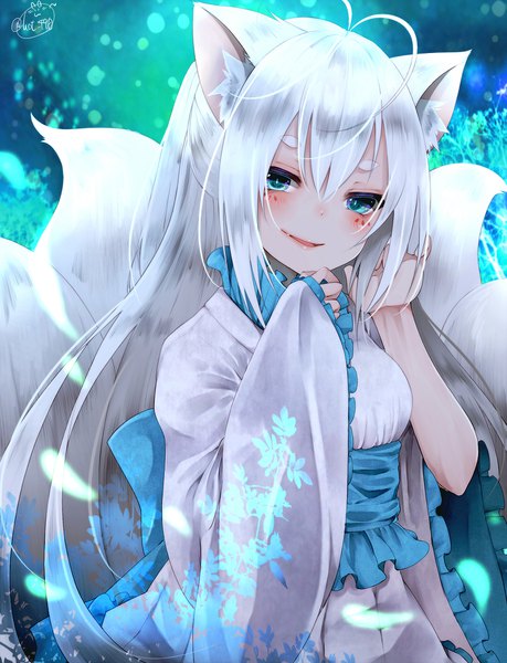 Anime picture 1529x2000 with original chita (ketchup) single long hair tall image looking at viewer blush fringe blue eyes smile signed animal ears silver hair ahoge tail head tilt animal tail arm up wide sleeves fox ears