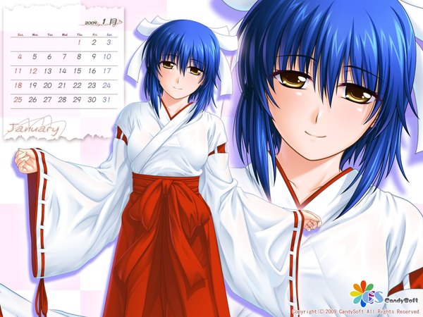 Anime picture 1600x1200 with tsuyokiss cool x sweet kurogane otome mahiro takeumi blush highres short hair smile yellow eyes blue hair japanese clothes wallpaper miko calendar 2009 ribbon (ribbons) hair ribbon calendar